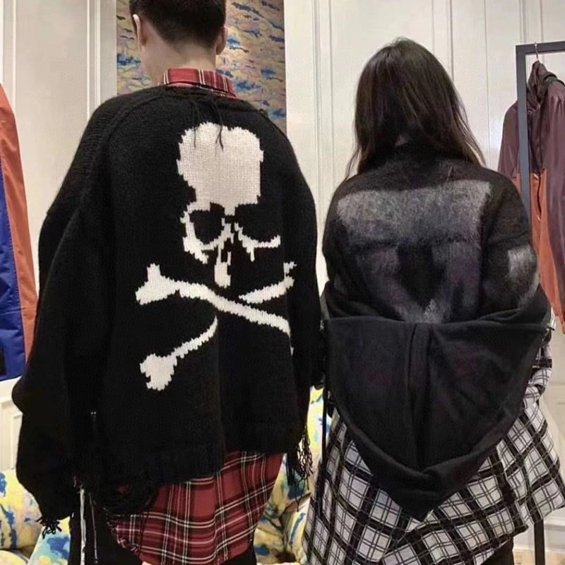 Dark Skull Ripped Thick Thread Knit Sweater