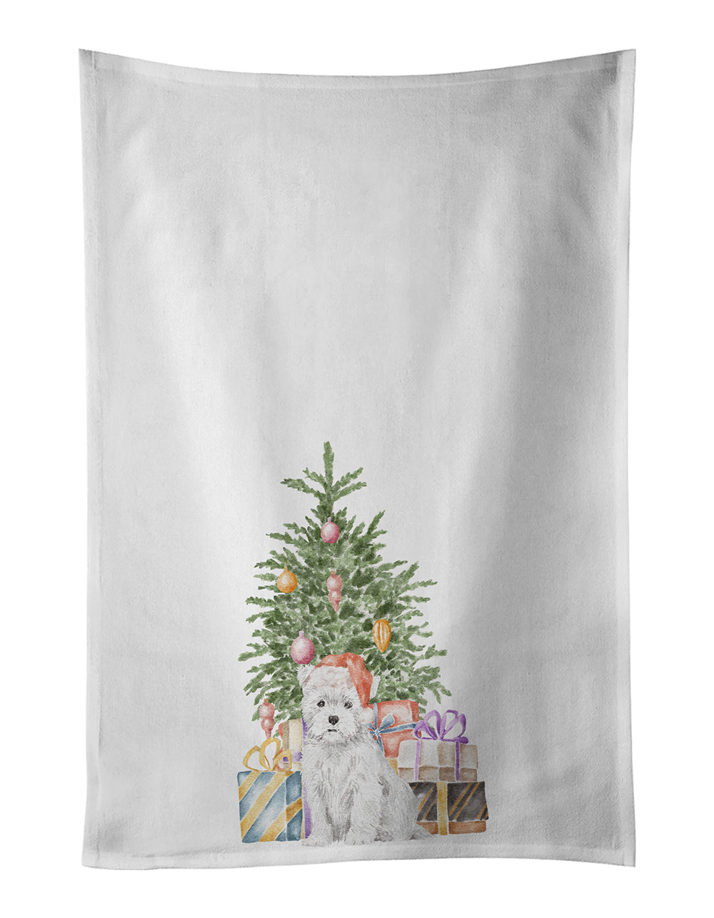 West Highland White Terrier Puppy Christmas Presents and Tree Kitchen Towel Set of 2