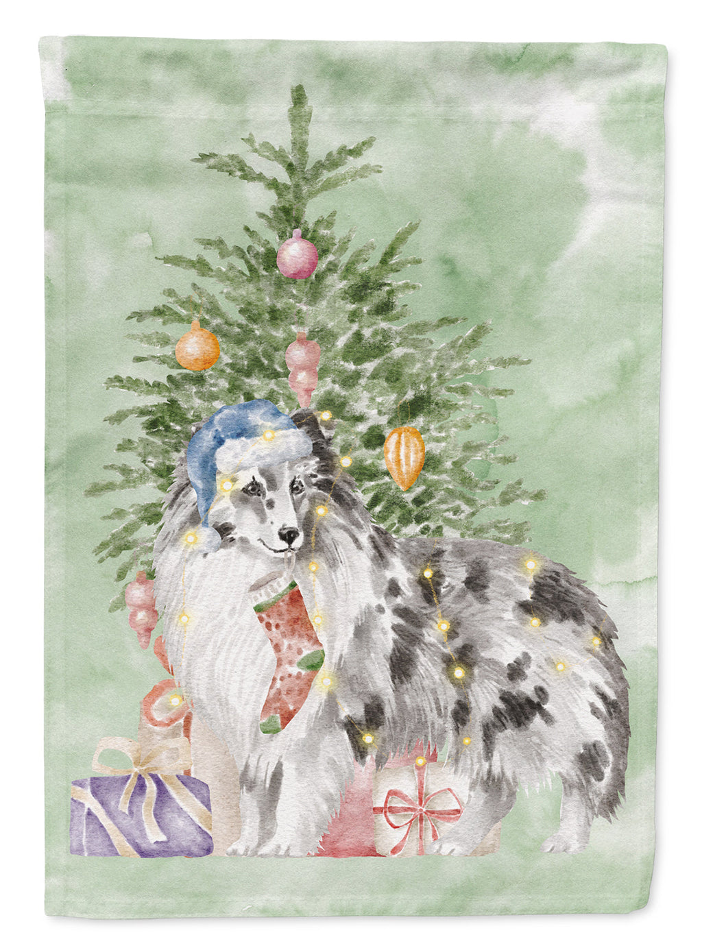 Sheltie Blue Merle Christmas Presents and Tree Garden Flag