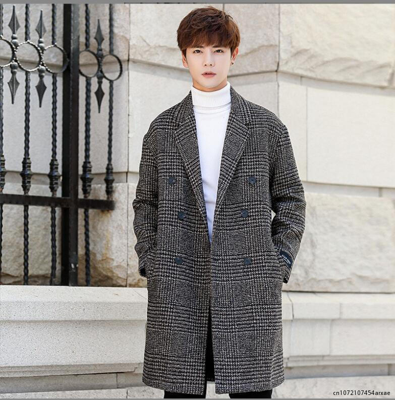 Chic Men's Plaid Double Breasted Wool Blend Coat