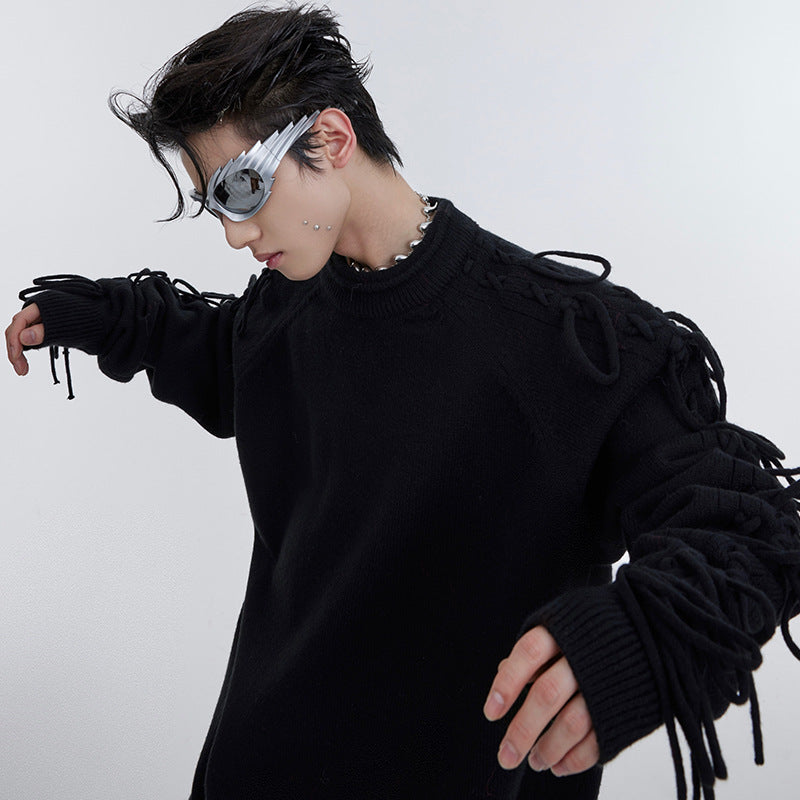 Deconstructed Fringe Design Knit Sweater with Crease