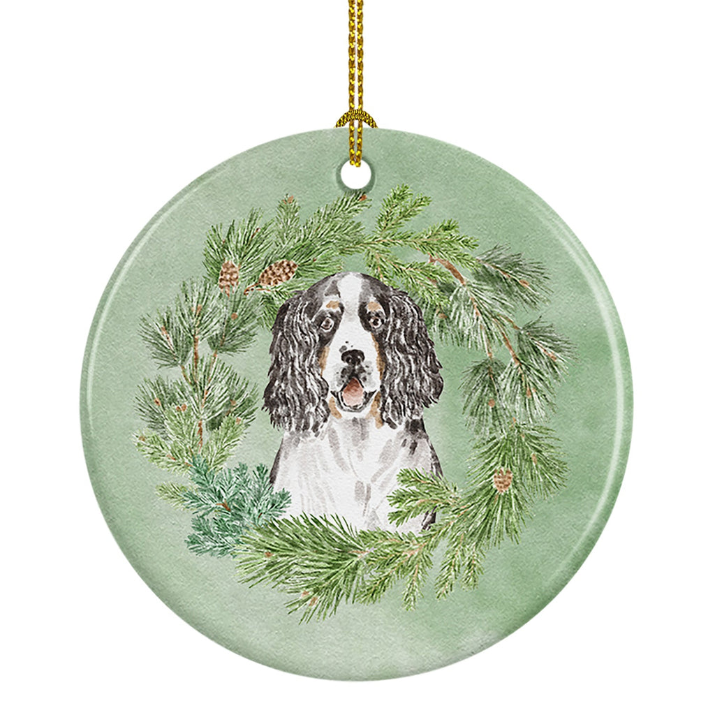 English Springer Spaniel Tricolor Christmas Wreath Ceramic Ornament