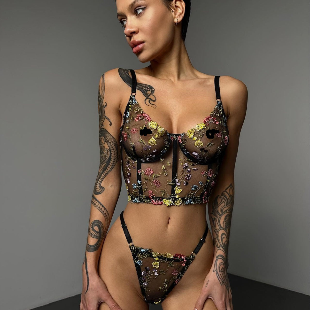 2023 Black Floral Embroidered Lace Bralette & Panty Set