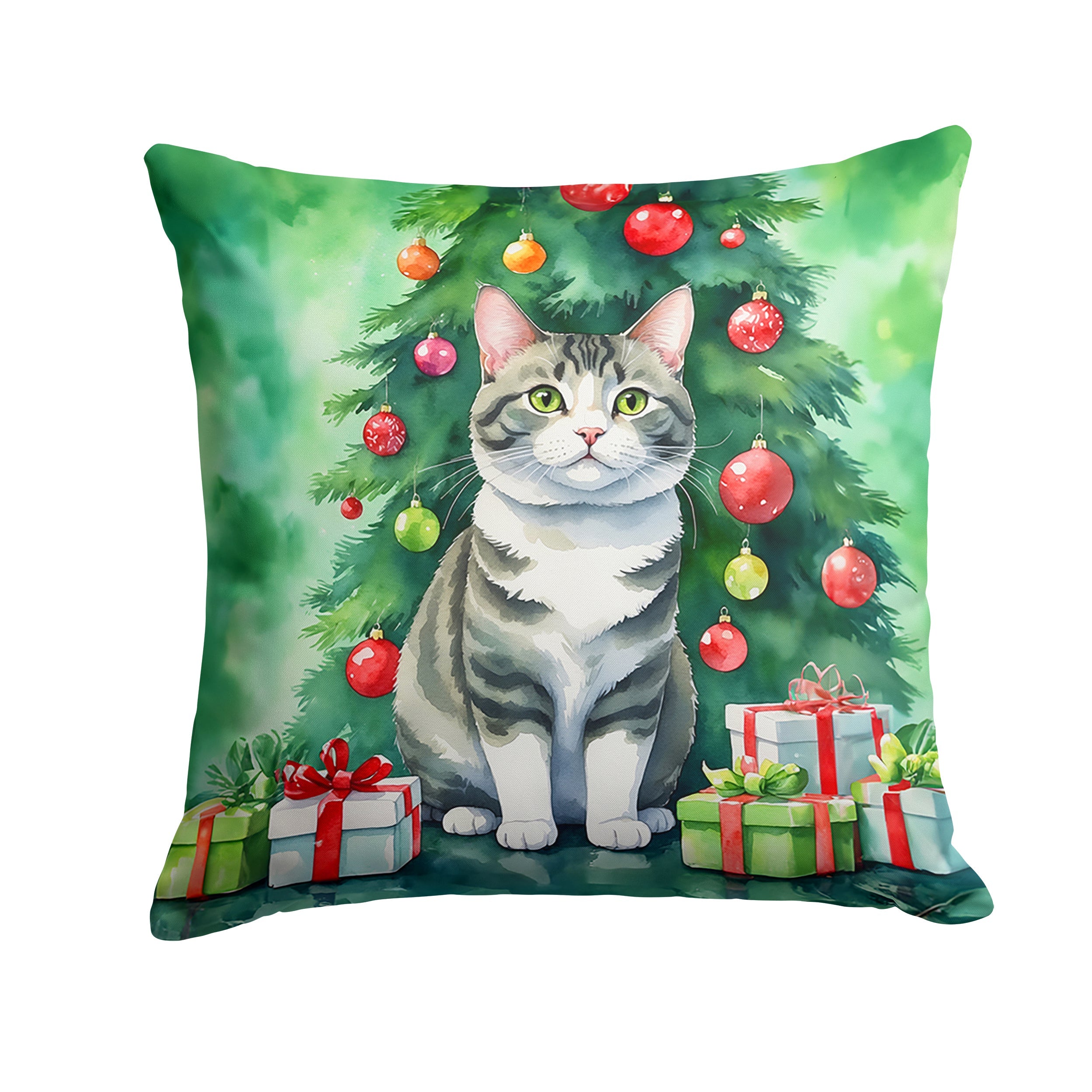 Korean Bobtail Cat By the Christmas Tree Throw Pillow