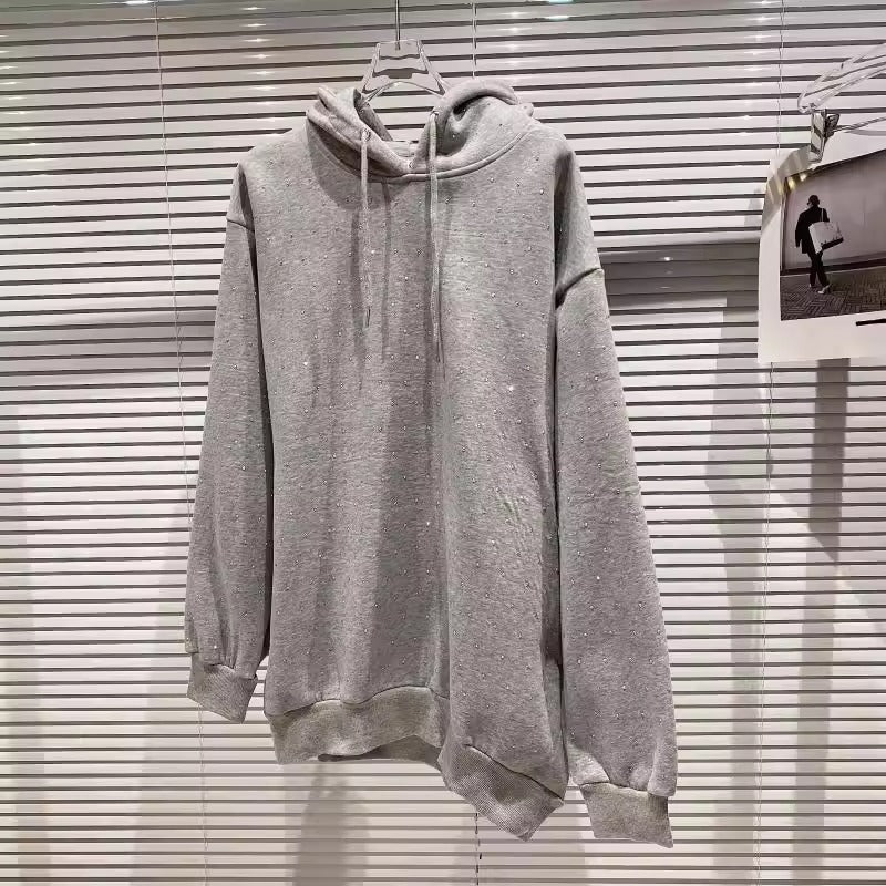 Rhinestone Shiny Loose Pullover Hoodie | Streetwear