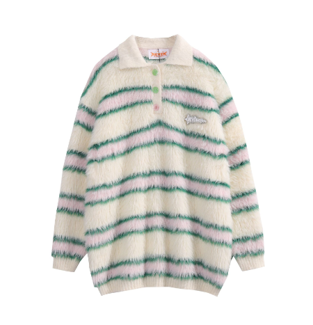 Contrast Striped Plush Long Sleeve Lapel Pullover Sweater