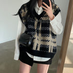 Women's Plaid Knitted Vest Top - Loose Sweater Style