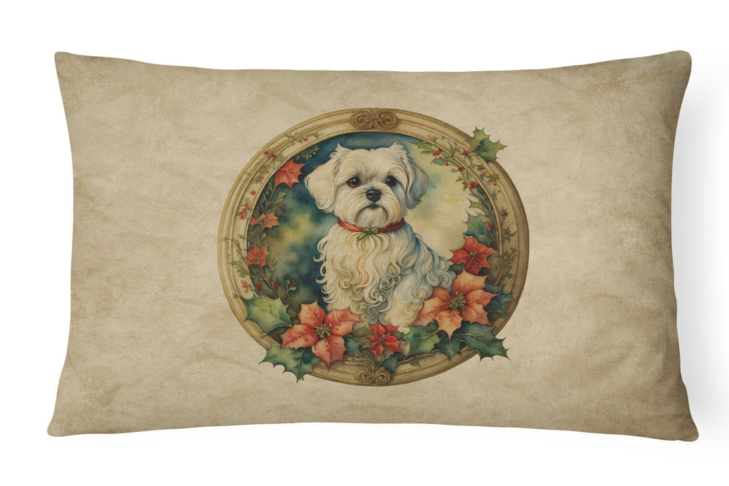 Maltese Christmas Flowers Throw Pillow