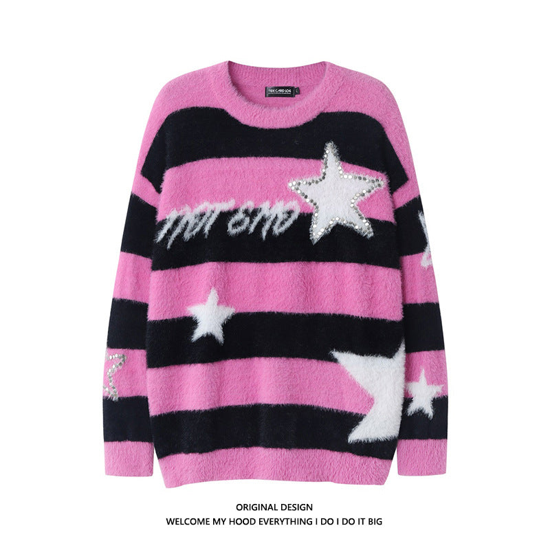 American-style Striped Rivet Sweater for Lazy Days