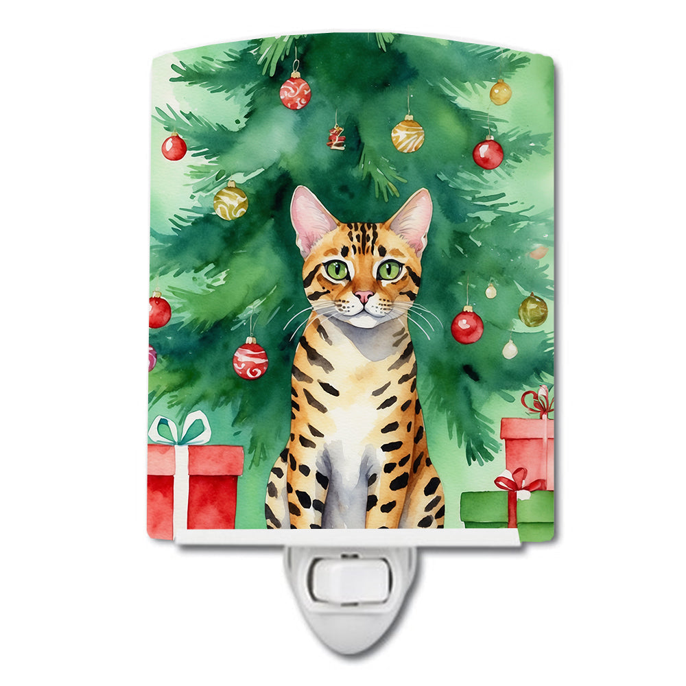 Bengal Cat By the Christmas Tree Ceramic Night Light