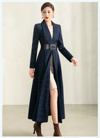 Medium Long Blue Plaid Coat for Women