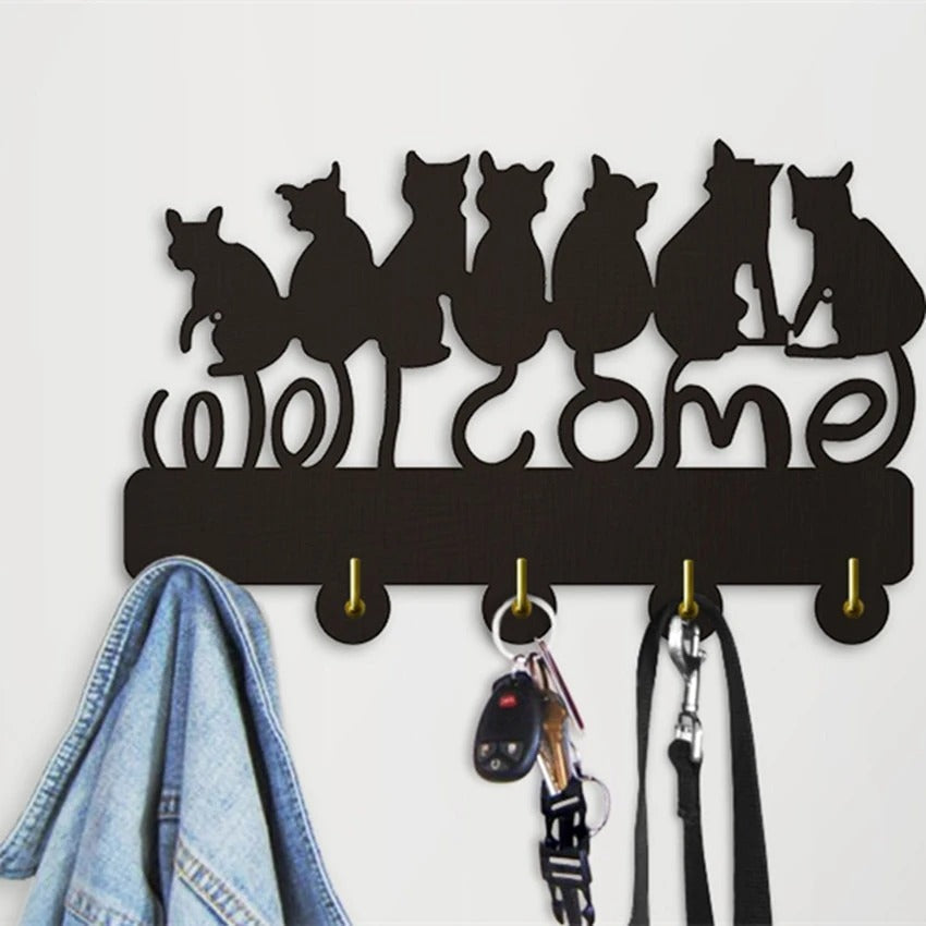 Black Cat Silhouette Wall Coat Hook Rack