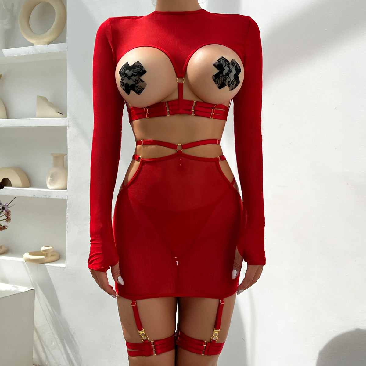 5-Piece Sexy Lingerie Set with Lace and Long Sleeves