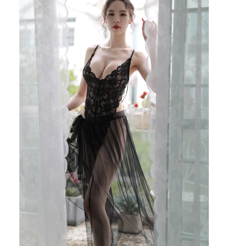 New Style Lace Transparent Nightgown with Cross Back