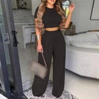 Two Piece Sets Elegant Print Short Sleeve Shirt Pullover + Wide Leg Pants Suits | Streetwear