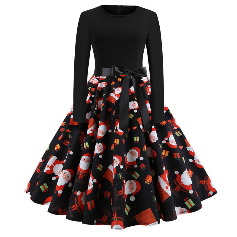 Vintage Round Neck Printed Dress for Christmas
