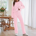 Solid Color Women's Round Neck Long Sleeve Trousers Warm Fleece Suit
