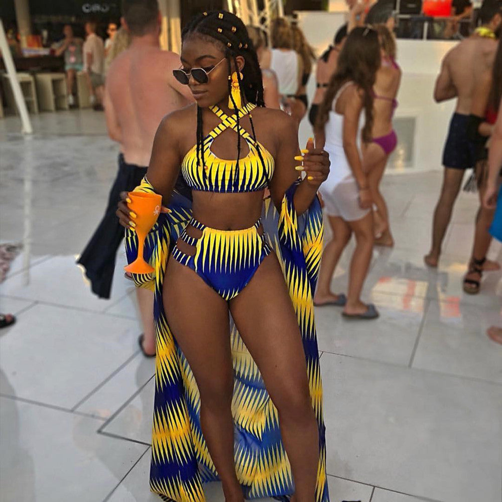 2019 High Waist Bikini Set with Striped Print