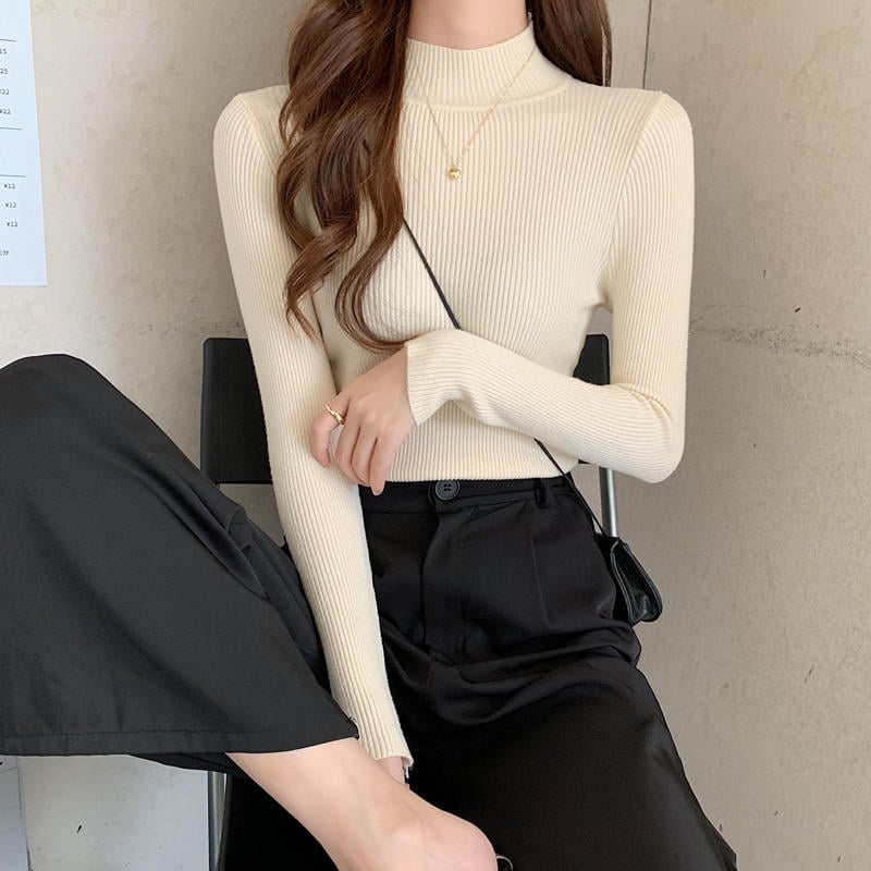 Slim Fit Long Sleeve Half High Collar Sweater