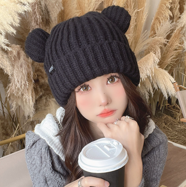 Large Edition Cute Bear Ears Loose Wool Hat | Embroidered Cap