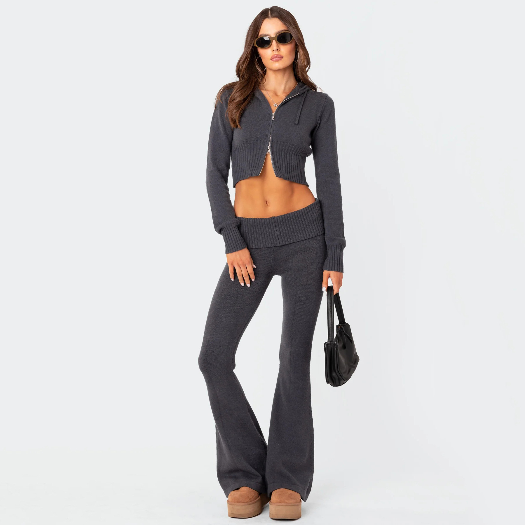 Women's High-Waist Knit Hooded Set: Fashionable Long-Sleeve Top & Trousers