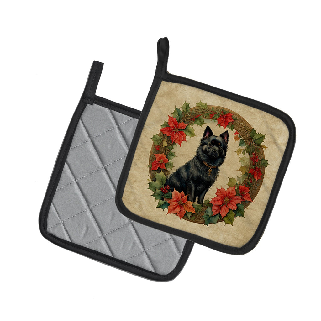 German Spitz Christmas Flowers Pair of Pot Holders