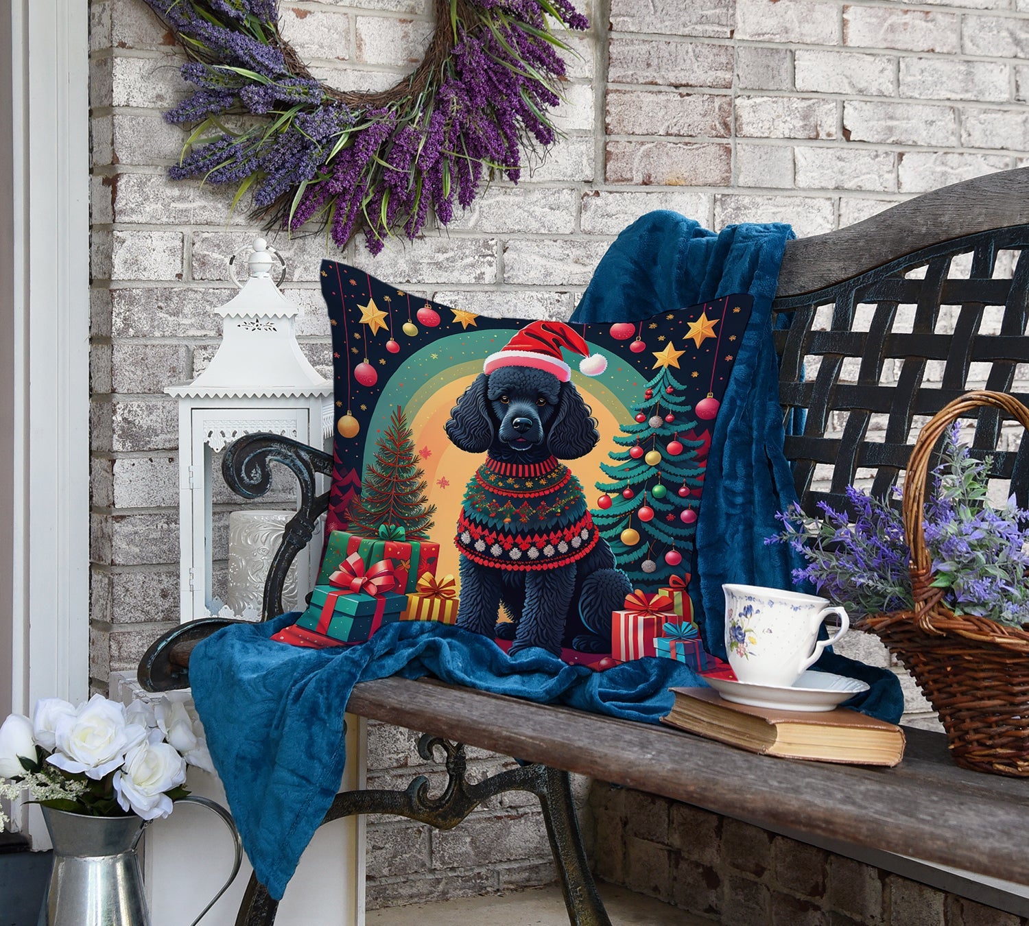 Black Poodle Christmas Throw Pillow