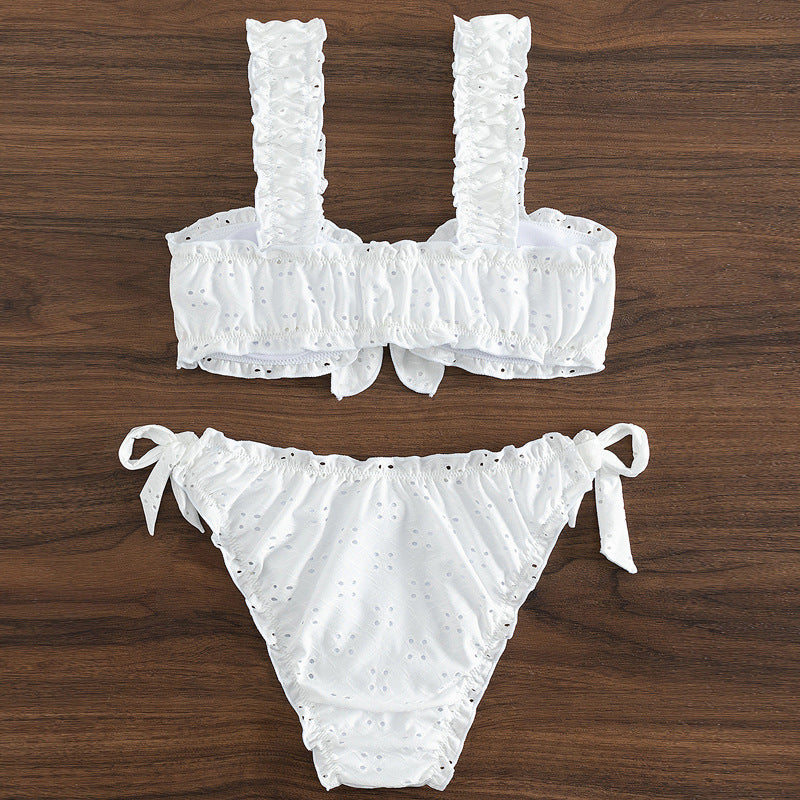 Cute Solid Color Ruffled Bow Two-Piece Bikini Set