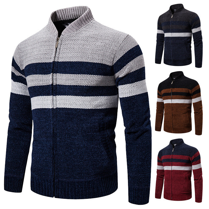 Men's Casual Striped Color Block Stand Collar Sweater