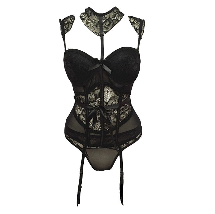 "007 Inspired Corset Outfit with Lace and Stockings"