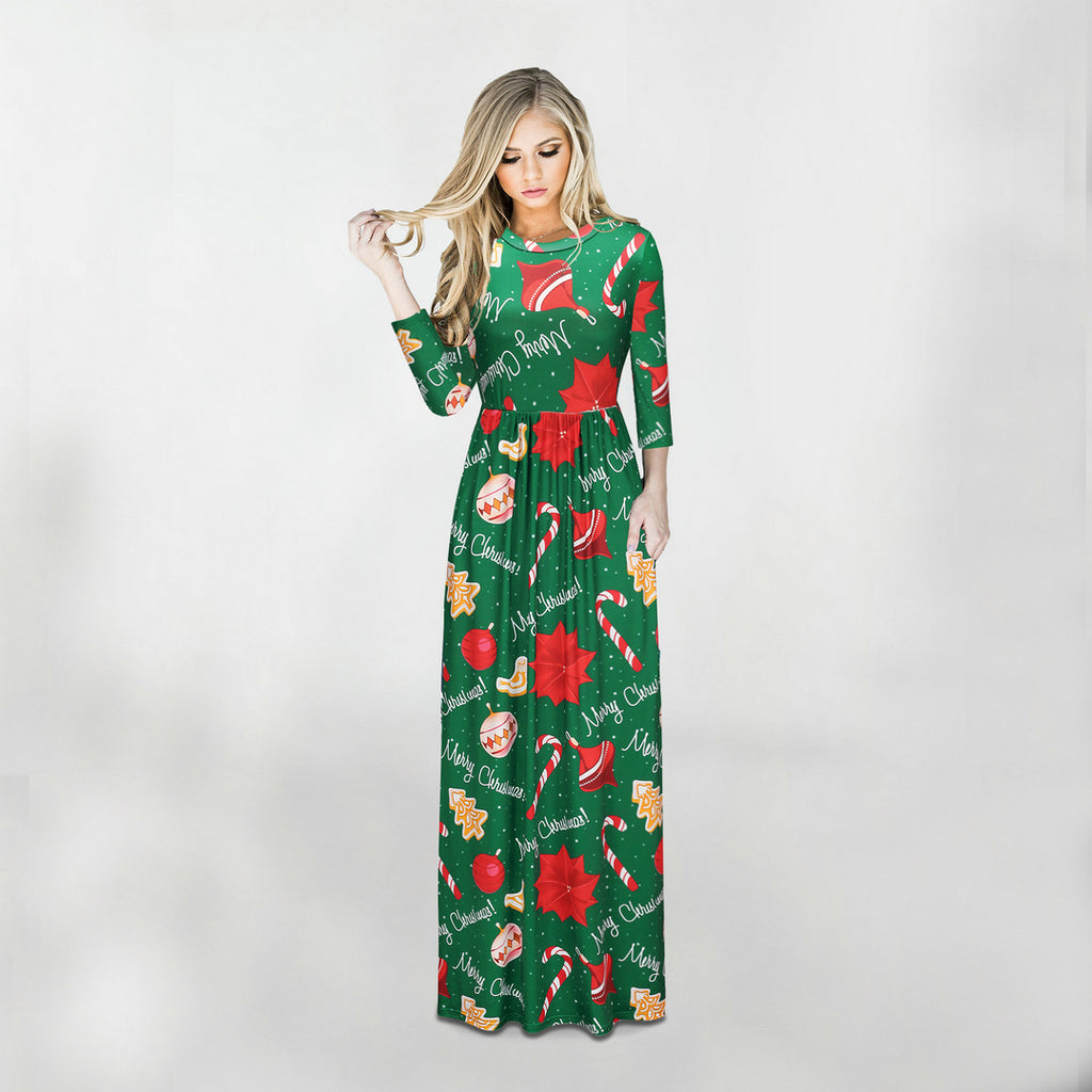 New Autumn Winter Long Sleeve Printed Dress for Christmas