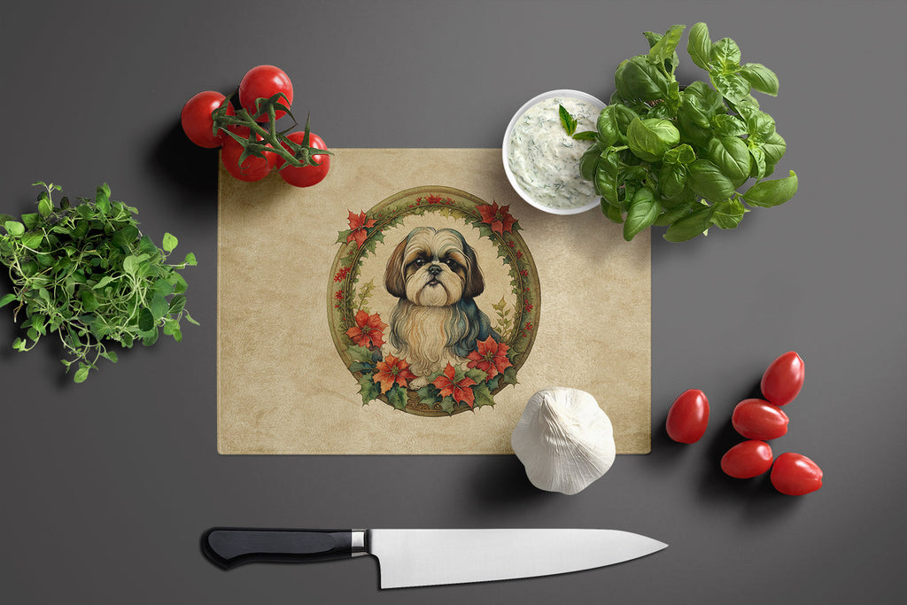 Shih Tzu Christmas Flowers Glass Cutting Board