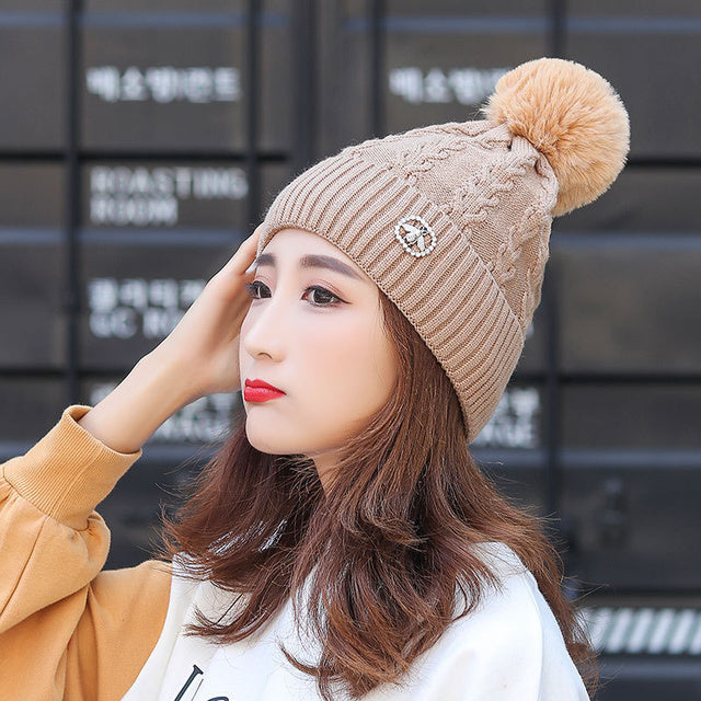Warm Fleece-Lined Slouchy Knit Beanie with Pompom | Embroidered Cap