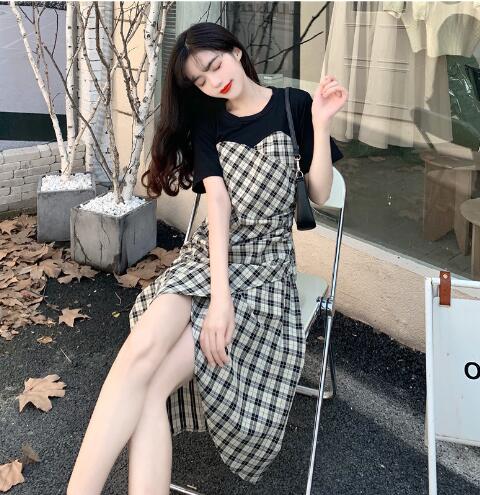 Summer Short Sleeve Splicing Plaid Dress for Women