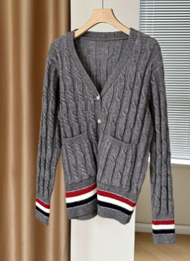 Plus Size V-Neck Contrast Color Cotton Cardigan Sweater