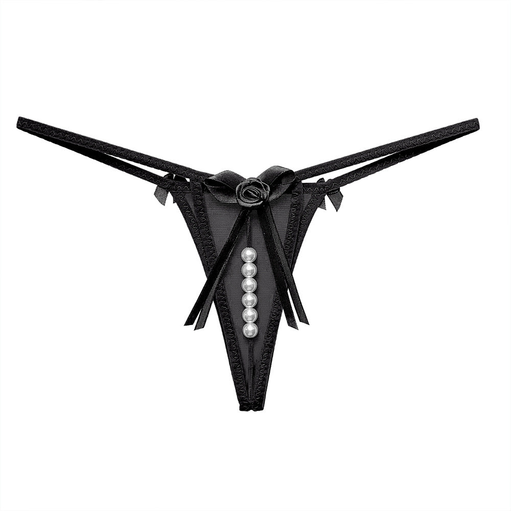 Lace-Trimmed T-Back Panties with Pearl Massage Details