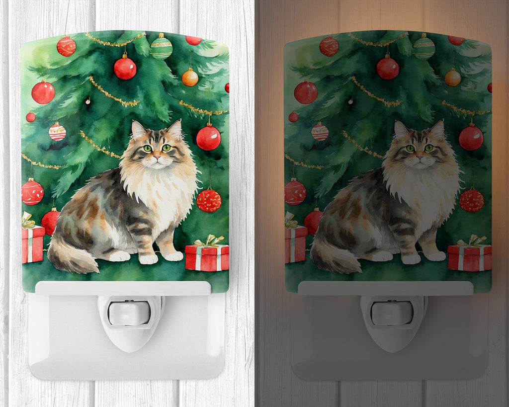 Cymric Cat By the Christmas Tree Ceramic Night Light