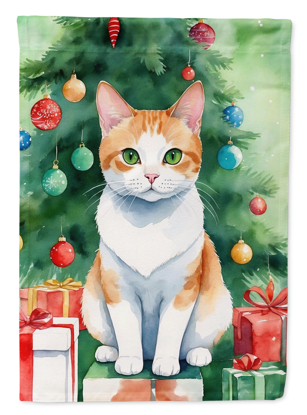 Japanese Bobtail Cat By the Christmas Tree Garden Flag