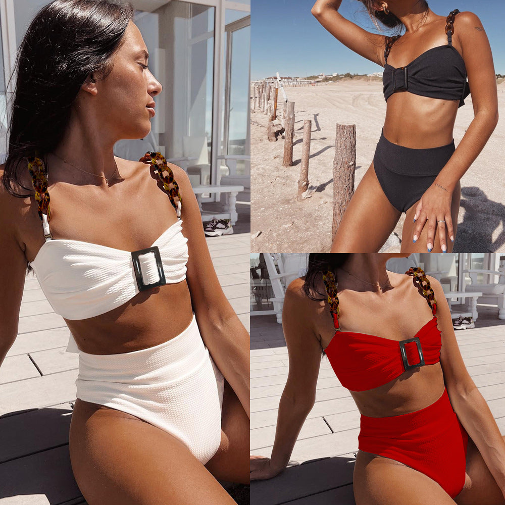 High-Waisted Strapless Bikini in White Ribbed Fabric