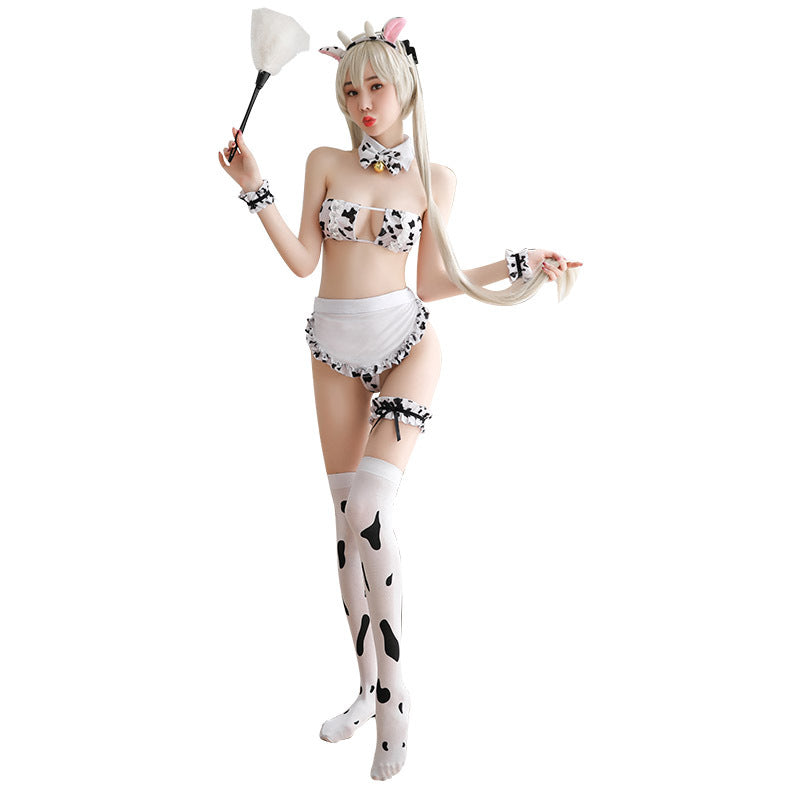 Cute Cow Print Maid Outfit with Lingerie Set for Women