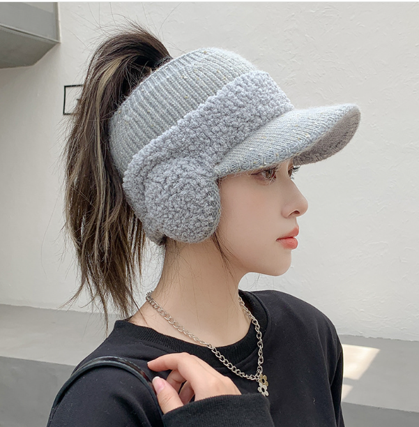 Knitted Duck Tongue Earmuffs with Velvet Wool Hat | Embroidered Cap