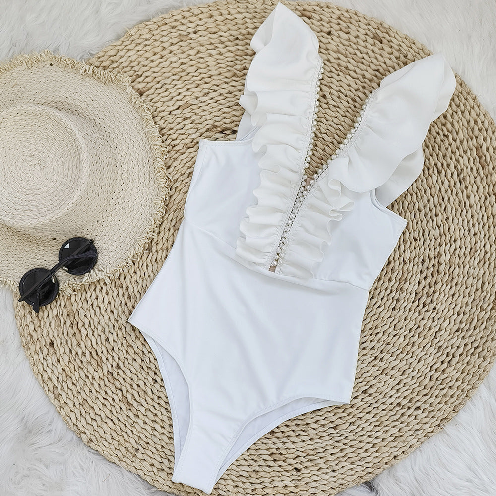 Women's White Ruffle One-Piece Swimsuit