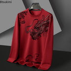Men's Round Neck Long Sleeve Hoodie with Dragon Print | Streetwear