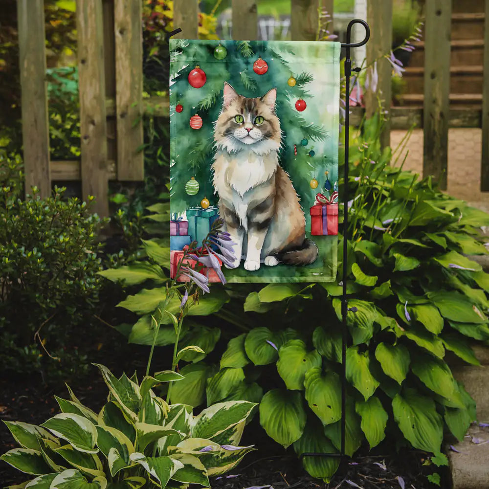 Ragamuffin Cat By the Christmas Tree Garden Flag