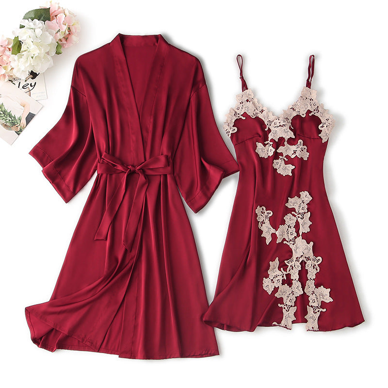 Spring Summer Satin Lingerie Set with Lace Trim