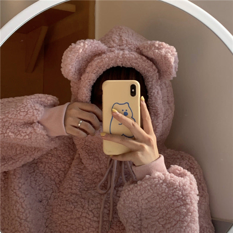 Women's Cozy Lamb Wool Coat with Bear Ears