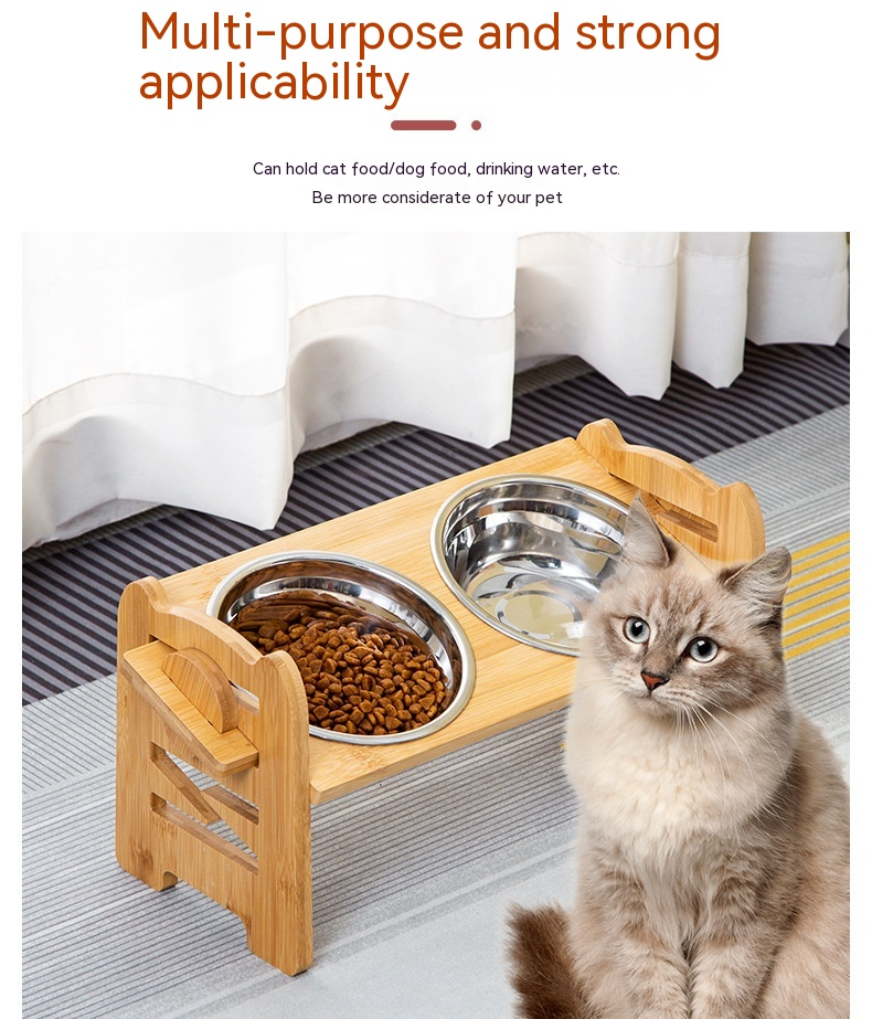 Elevated Double Bowl Pet Feeder with Bamboo Stand & Stainless Steel Bowls, Raised Food & Water Station for Cats & Small Dogs