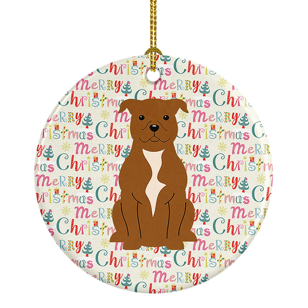 Merry Christmas Staffordshire Bull Terrier Brown Ceramic Ornament