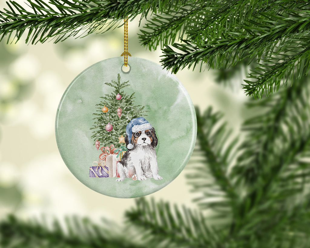 Cavalier Spaniel Tricolor Puppy Christmas Presents and Tree Ceramic Ornament
