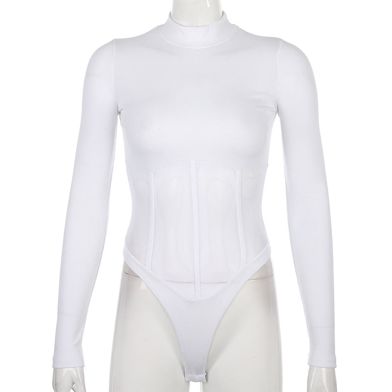 2019 Women's High Neck Sheer Bodysuit with Panels